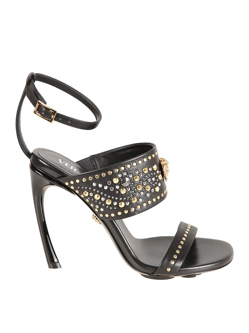 Versace Black Leather Sandals With Curved Stiletto Heel