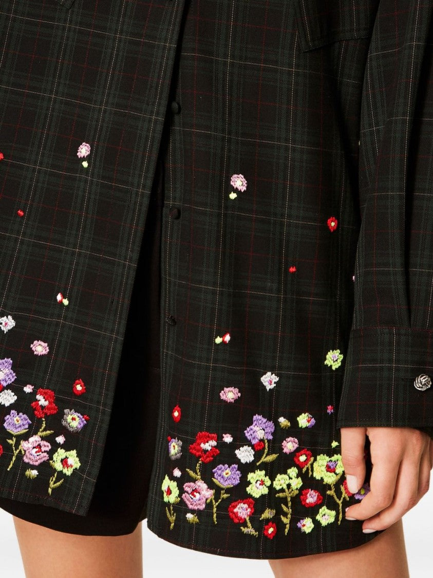 Twin-Set Dark Plaid Shirt With Floral Embroidery