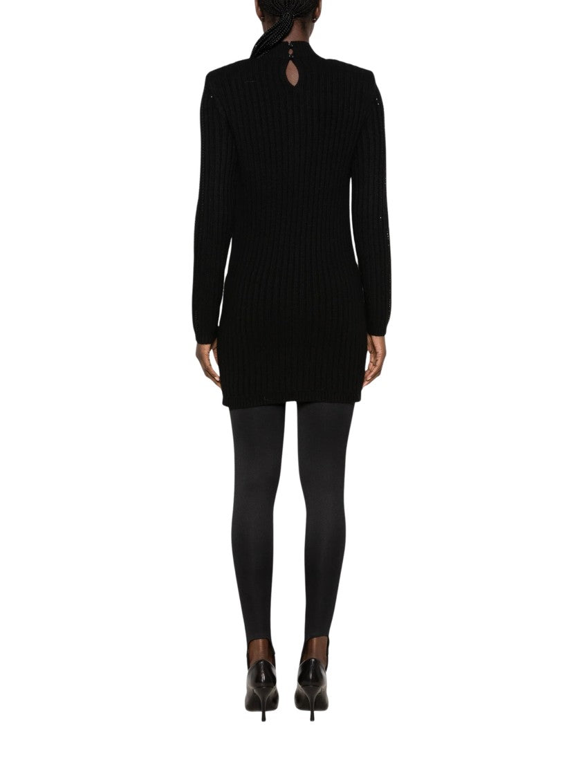 Twin-Set Vertical Ribbed Knit Mini Dress With Rhinestone Accents