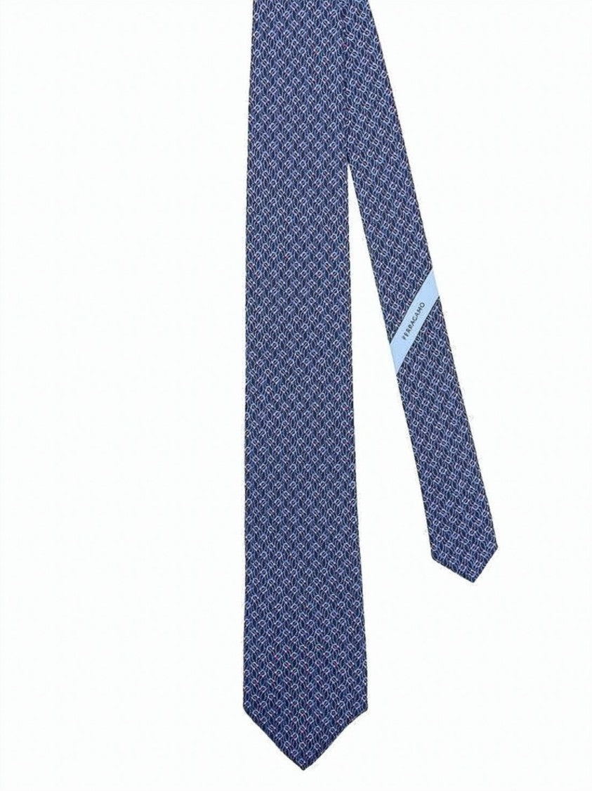 Salvatore Ferragamo Blue Geometric Pattern Red White Silk Tie