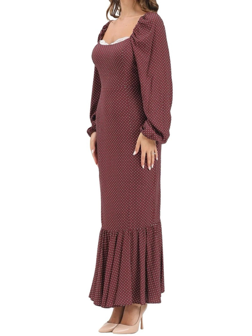 Mar De Margaritas Long Red Dress With Puff Sleeves And Lace Trim