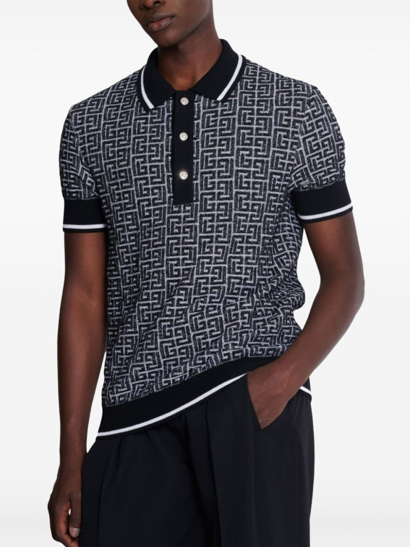Balmain Black Merino Wool Patterned Jacquard Polo