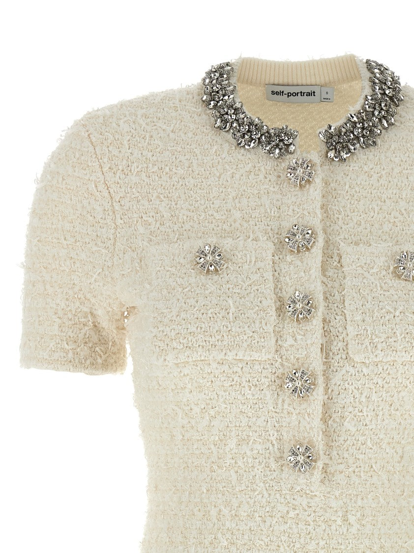 Self-Portrait Mini Dress With Knit Tweed Texture And Crystal Accents