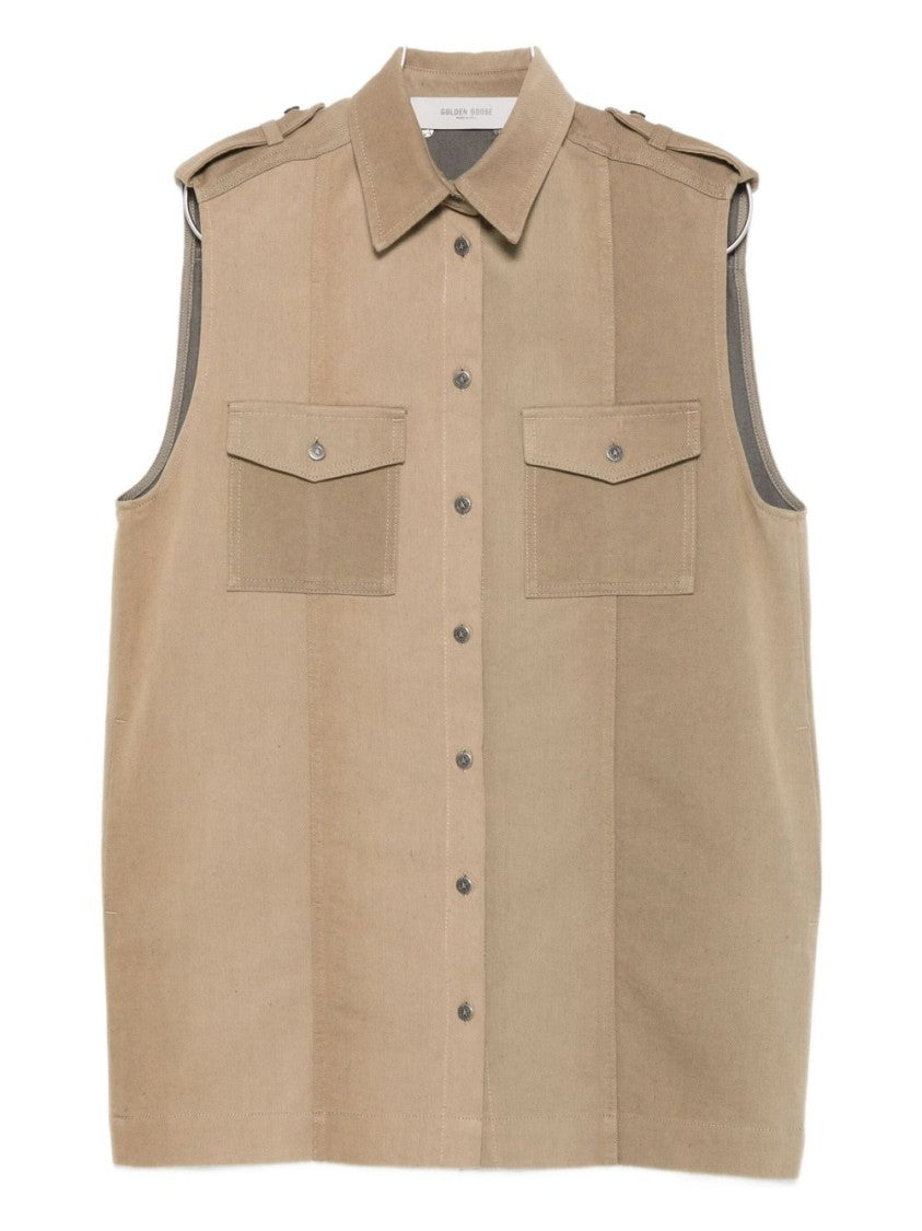 Golden Goose Structured Sleeveless Kaki Jacket With Button-Down Front