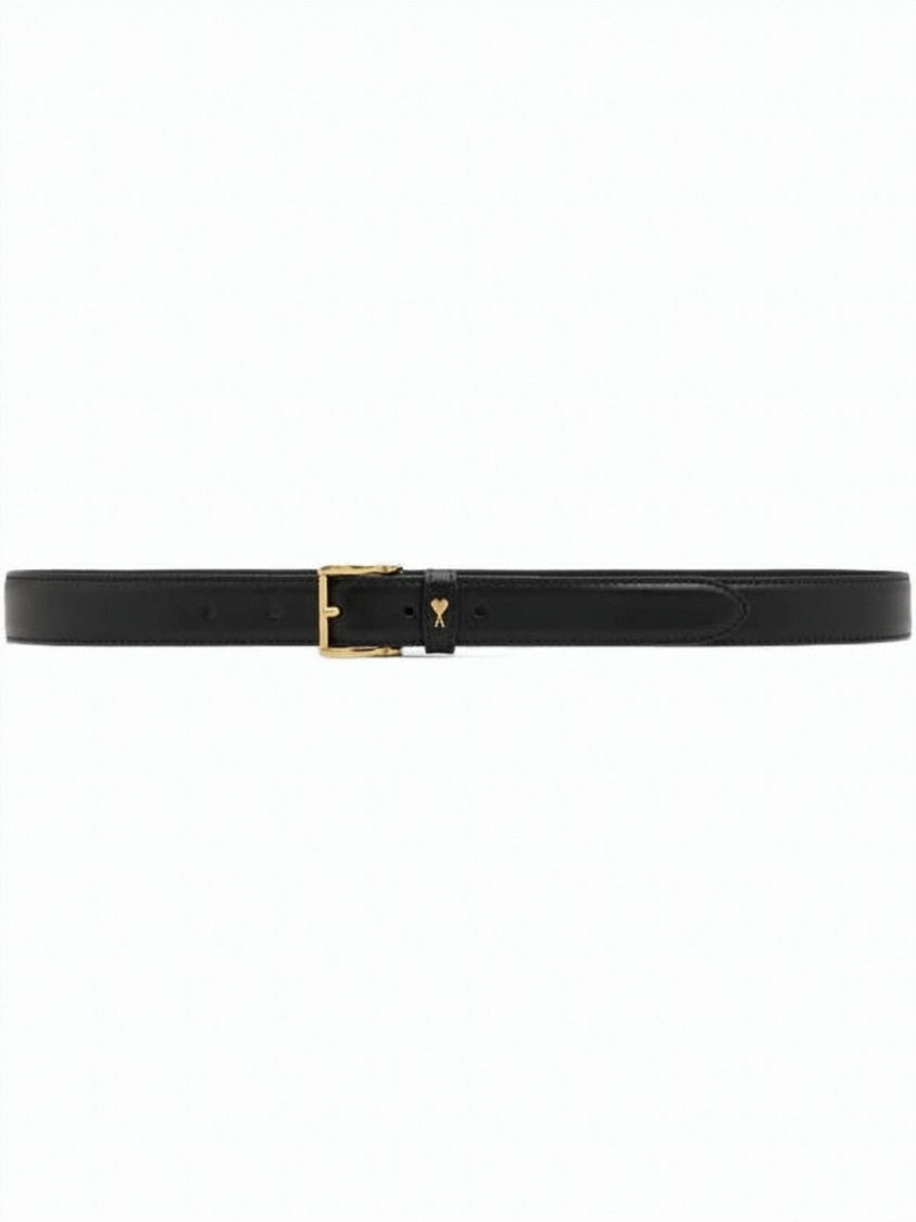 Ami Paris Narrow Leather Belt With Gold Buckle
