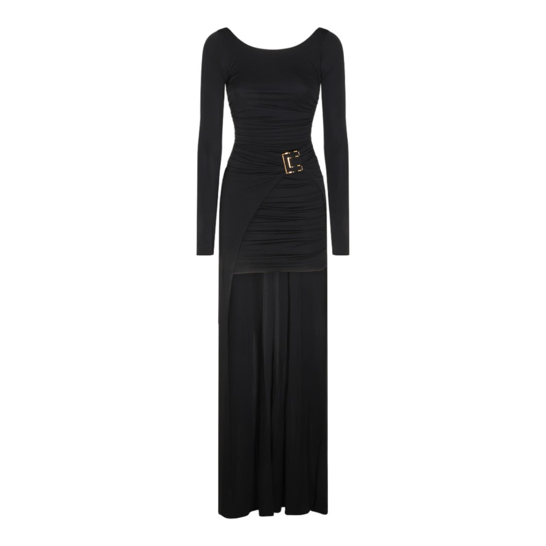 Elisabetta Franchi Long Black Ruched Gold Buckle Evening Dress