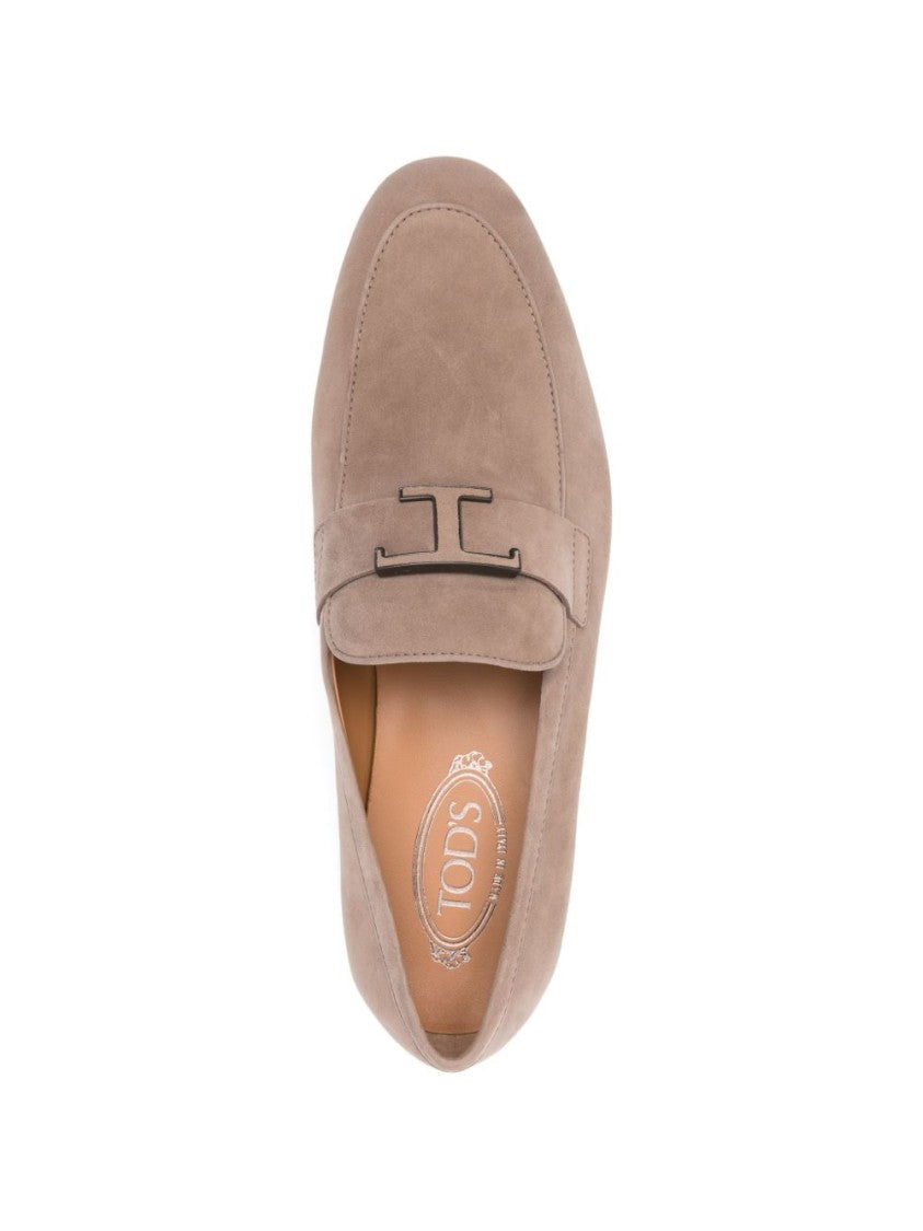Tod's Brown Calf Suede T-Plaque Almond Flats