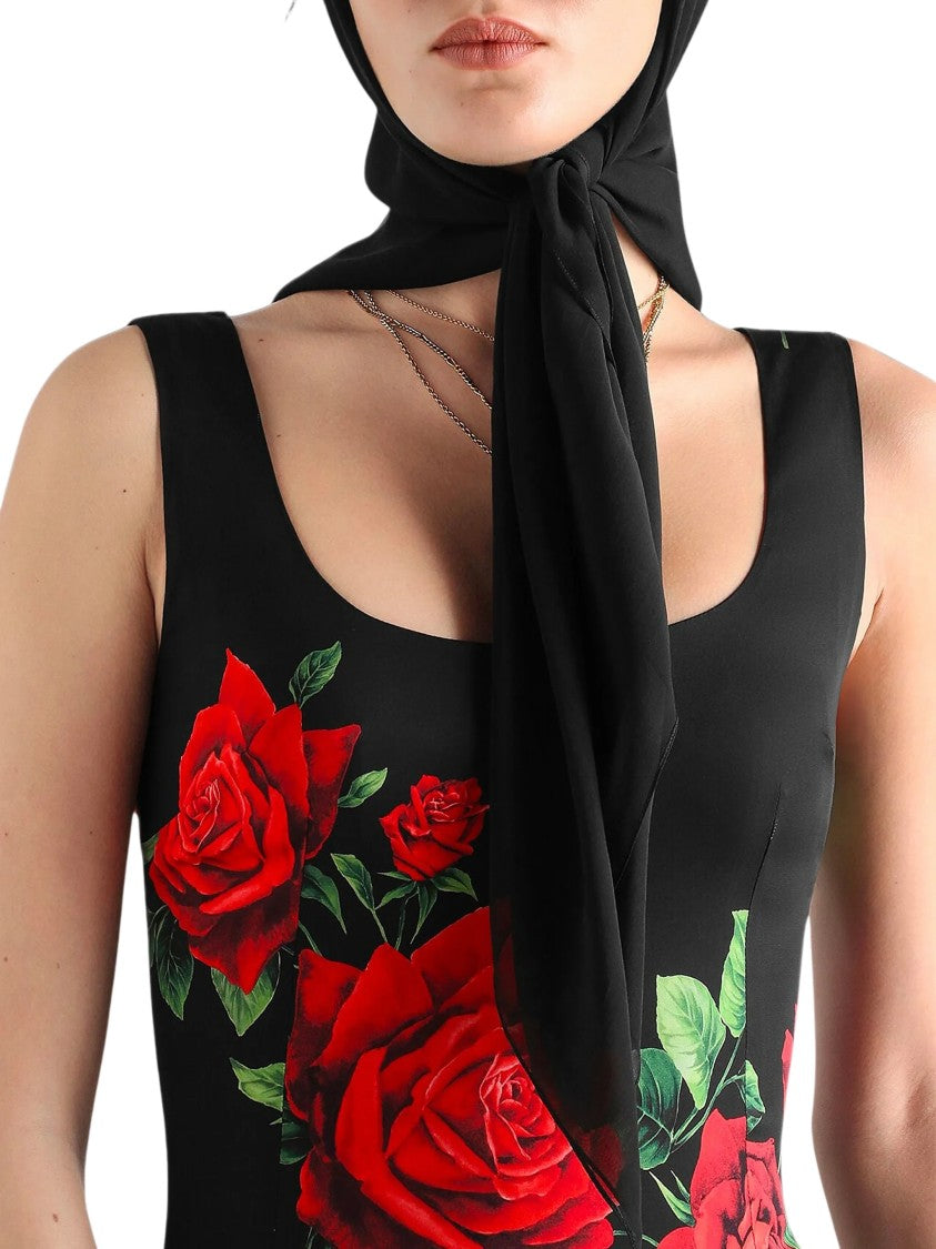 Dolce & Gabbana Black Rose Print Silk Midi Dress