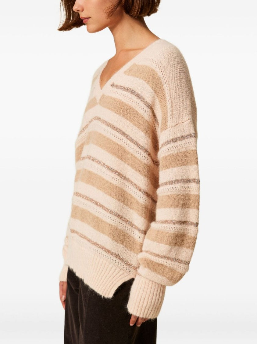 Twin-Set Fuzzy Striped Knit Sweater With V-Neckline