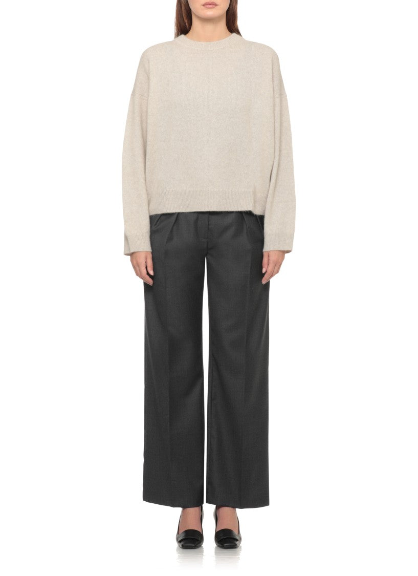 Loulou De Saison Tristan Beige Round Neck Ribbed Wool-Blend Sweater