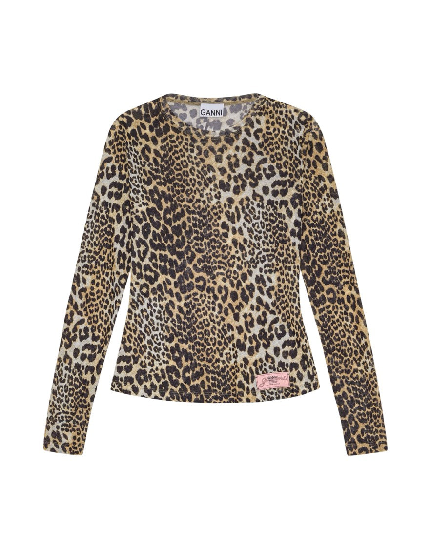 Ganni Leopard Print Long-Sleeve Top With Textured Finish