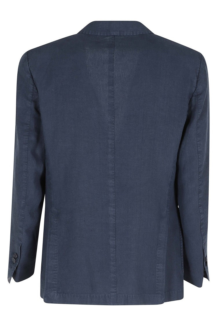Santaniello Blue Ruched Linen Single-Breasted Blazer