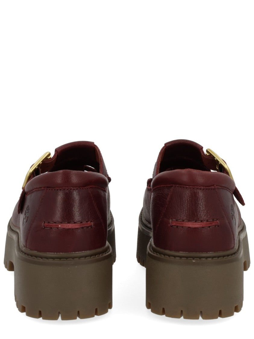 Timberland Bordeaux Leather Loafers With Woven Vamp And Gold-Tone Buckle