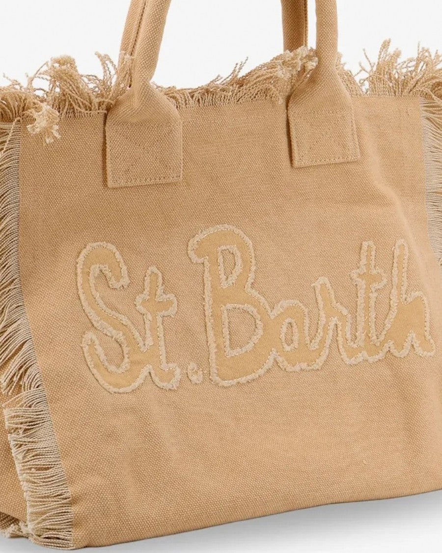 Mc2 Saint Barth Spacious Cotton Canvas Tote Bag With Fringed Edges
