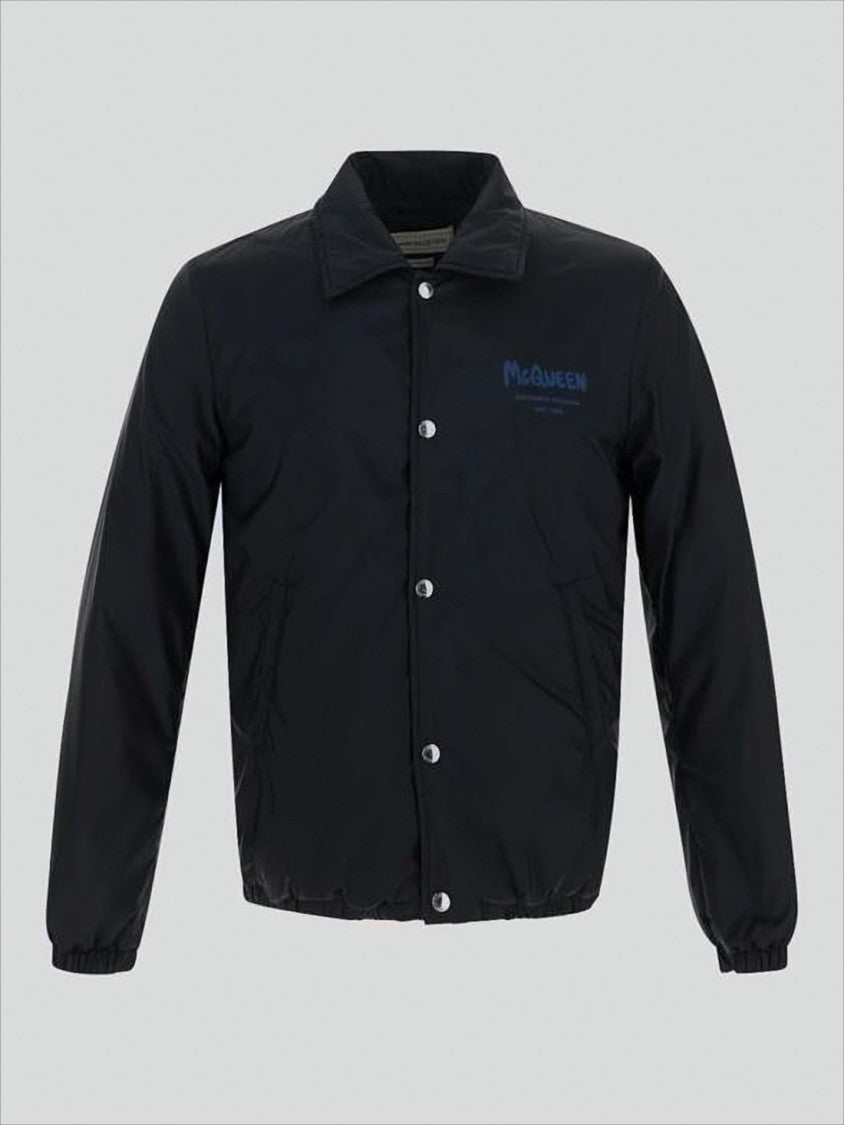 Alexander Mcqueen Snap-Button Black Jacket With Bold Logo Accents