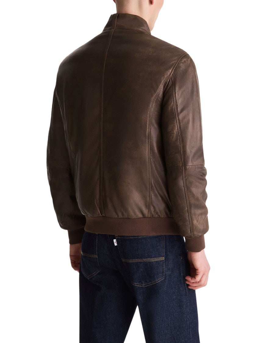 Peuterey Brown Vintage-Effect Leather Bomber Jacket With Ribbed Details