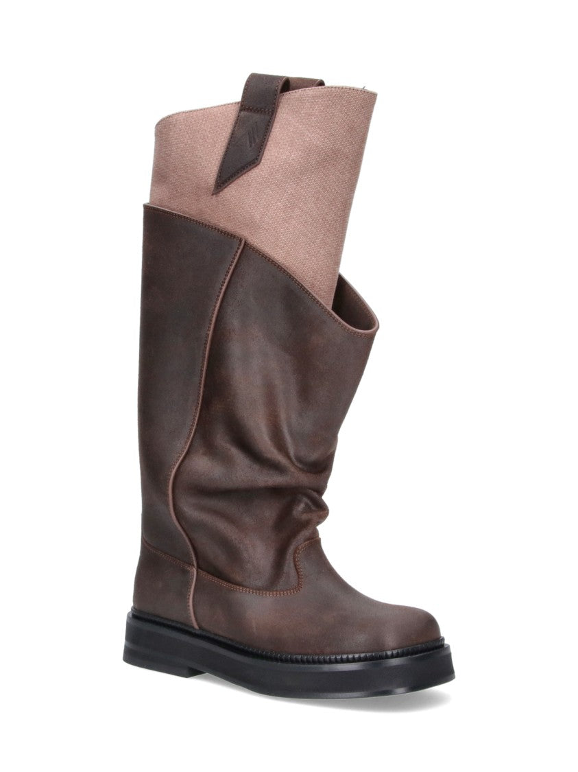 The Attico Slouchy Dark Brown Leather Boots With Light Beige Cuff