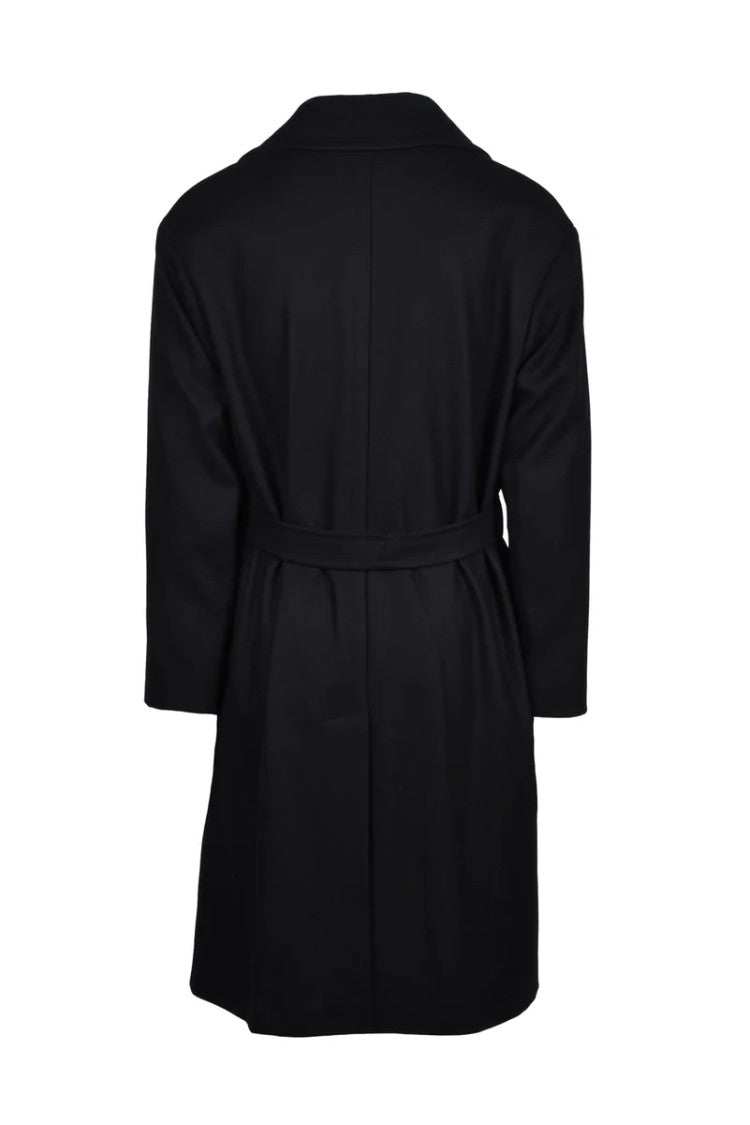 Hevo Mid-Length Black Coat With Self-Tie Belt