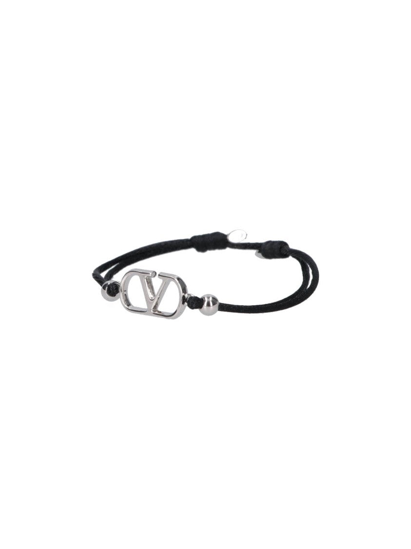Valentino Garavani Black V Logo Silver Metal Bracelet