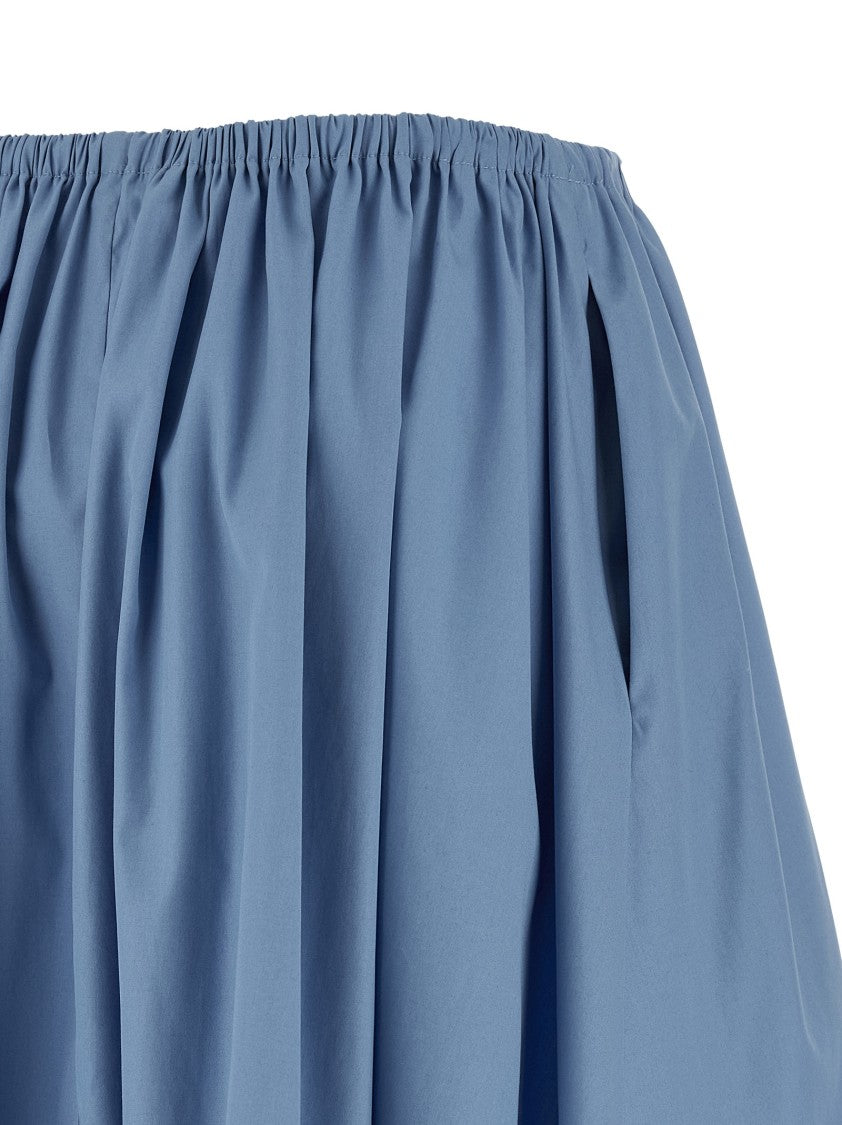 Marni Cotton Poplin Midi Skirt With Adjustable Drawstring And Leather Accents