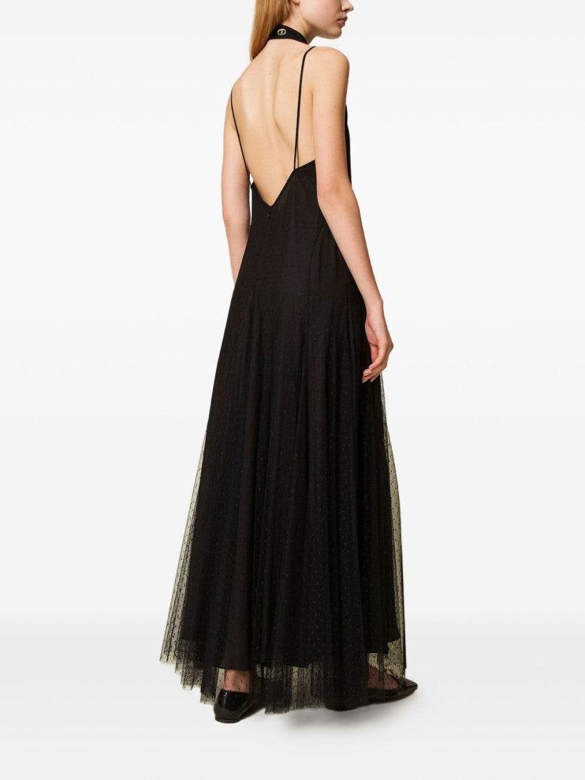 Twin-Set Sleeveless Black Maxi Dress With Tulle Overlay
