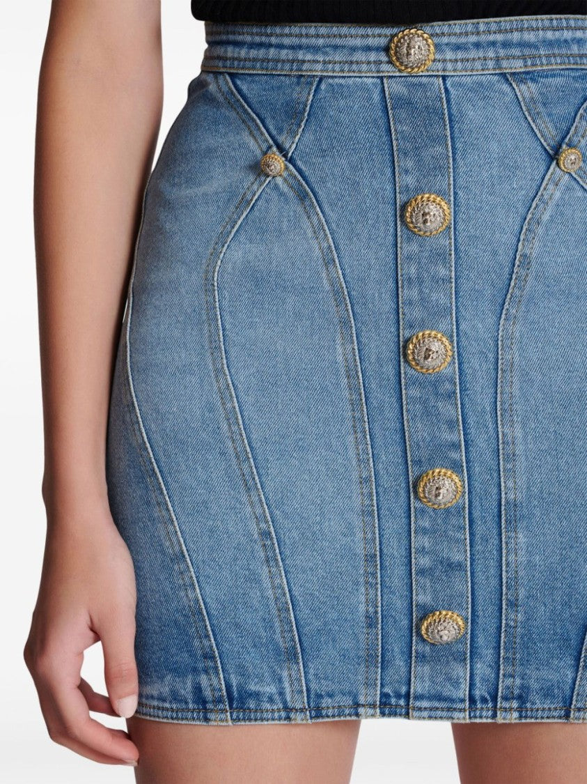 Balmain Tailored Denim Skirt With Decorative Buttons And Structured Fit