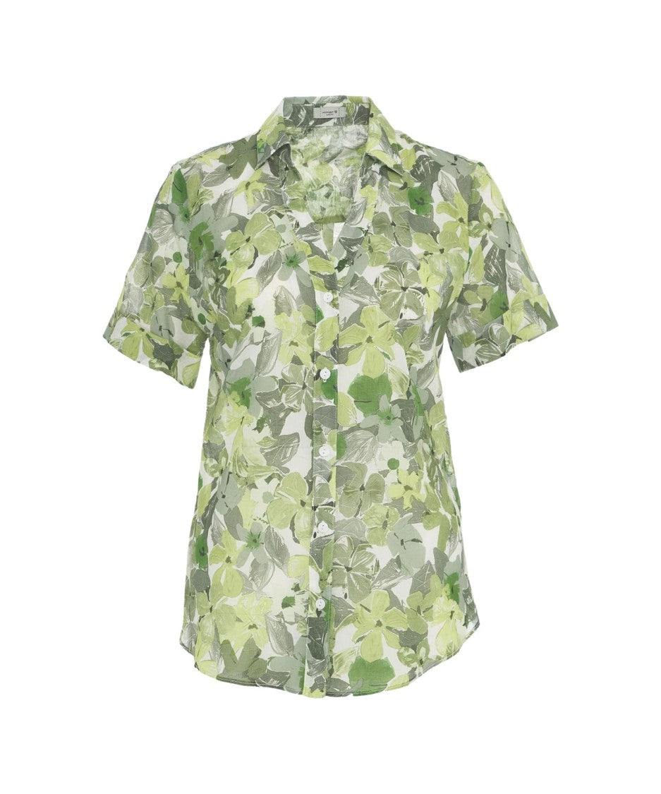 Himons Floral Patterned Green Blouse With Rounded Hem