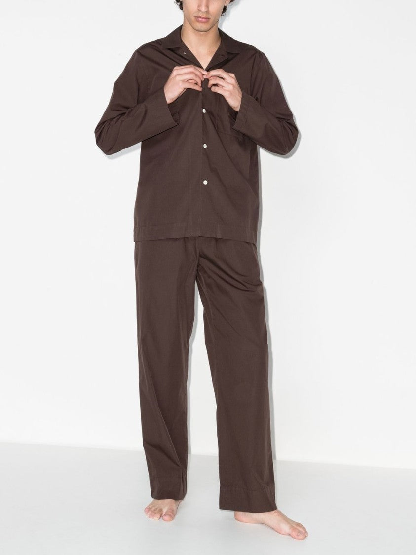 Tekla Brown Cotton Pajama Shirt With Classic Collar
