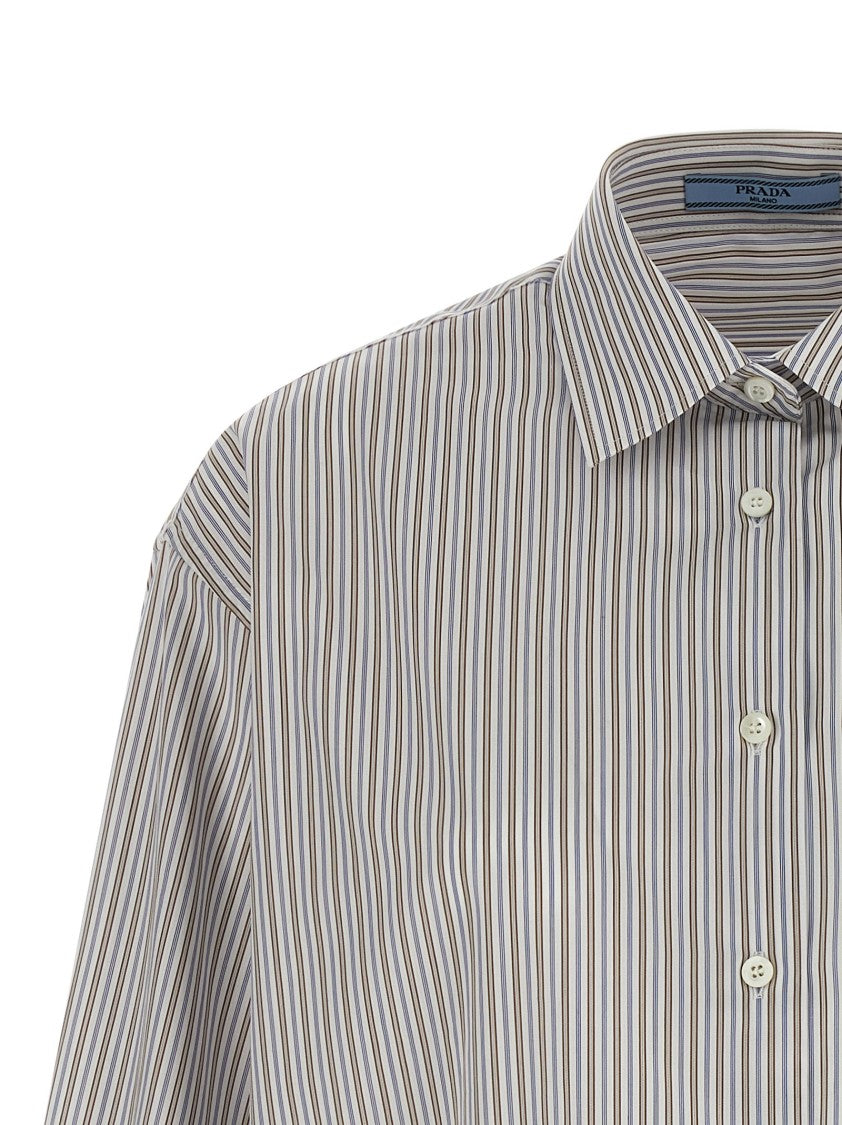 Prada Neutral Striped Cotton Poplin Shirt With Logo Embroidery