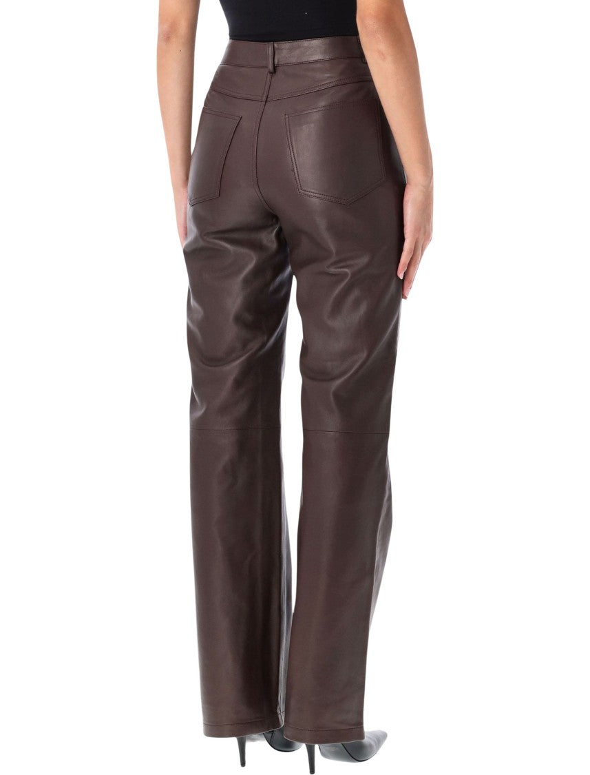 Rotate Brown Leather High-Waisted Straight-Leg Pants