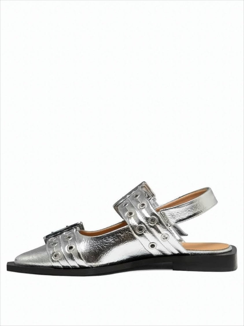 Ganni Pointed Toe Flats With Buckle Detail And Metallic Finish