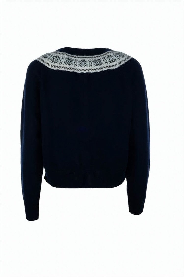 Celine Cropped Navy Cardigan With Patterned Yoke And Gold-Tone Buttons