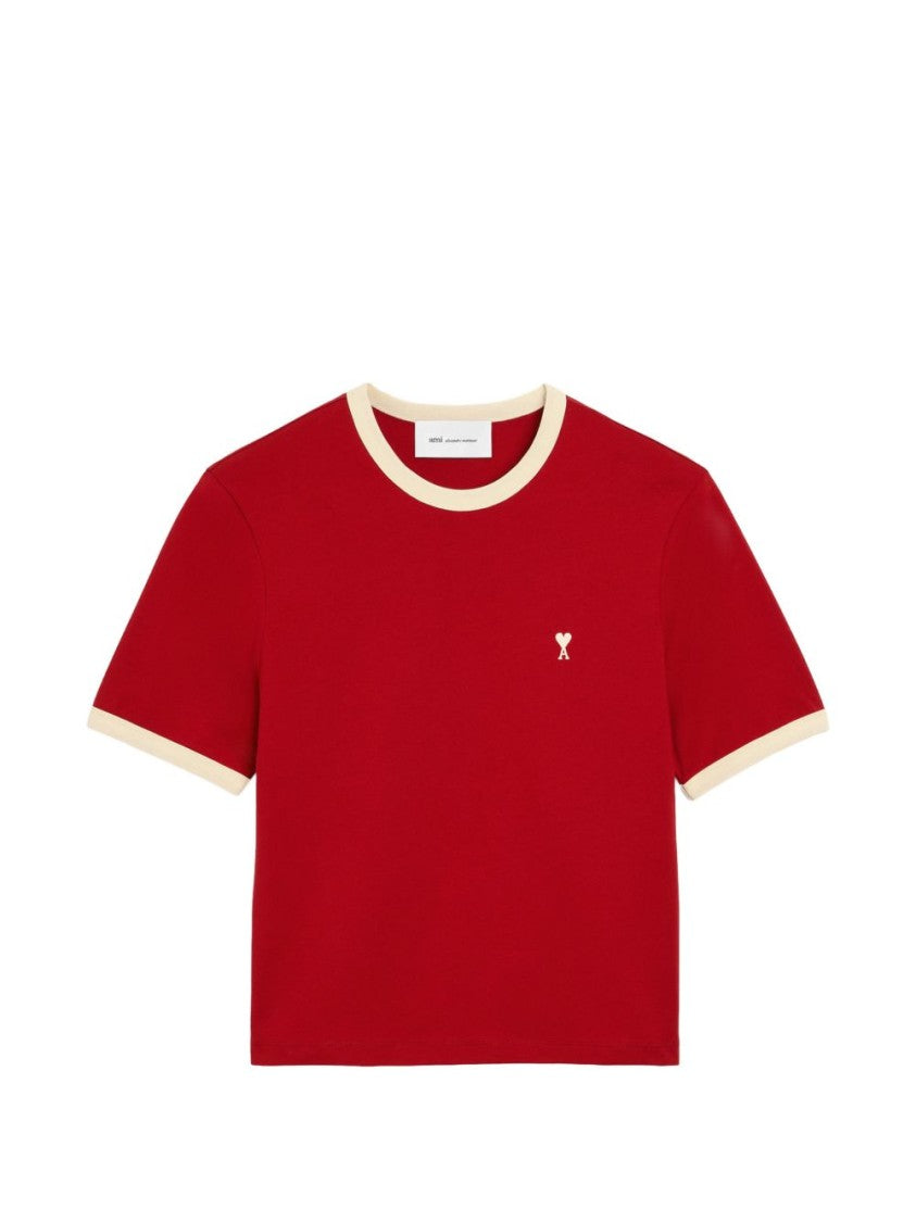 Ami Paris Cropped T-Shirt With Red Body And Off-White Ribbed Trims