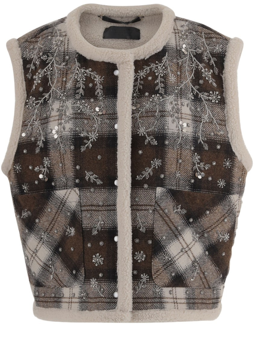 Novelle Sleeveless Vest With Floral Embroidery And Check Pattern