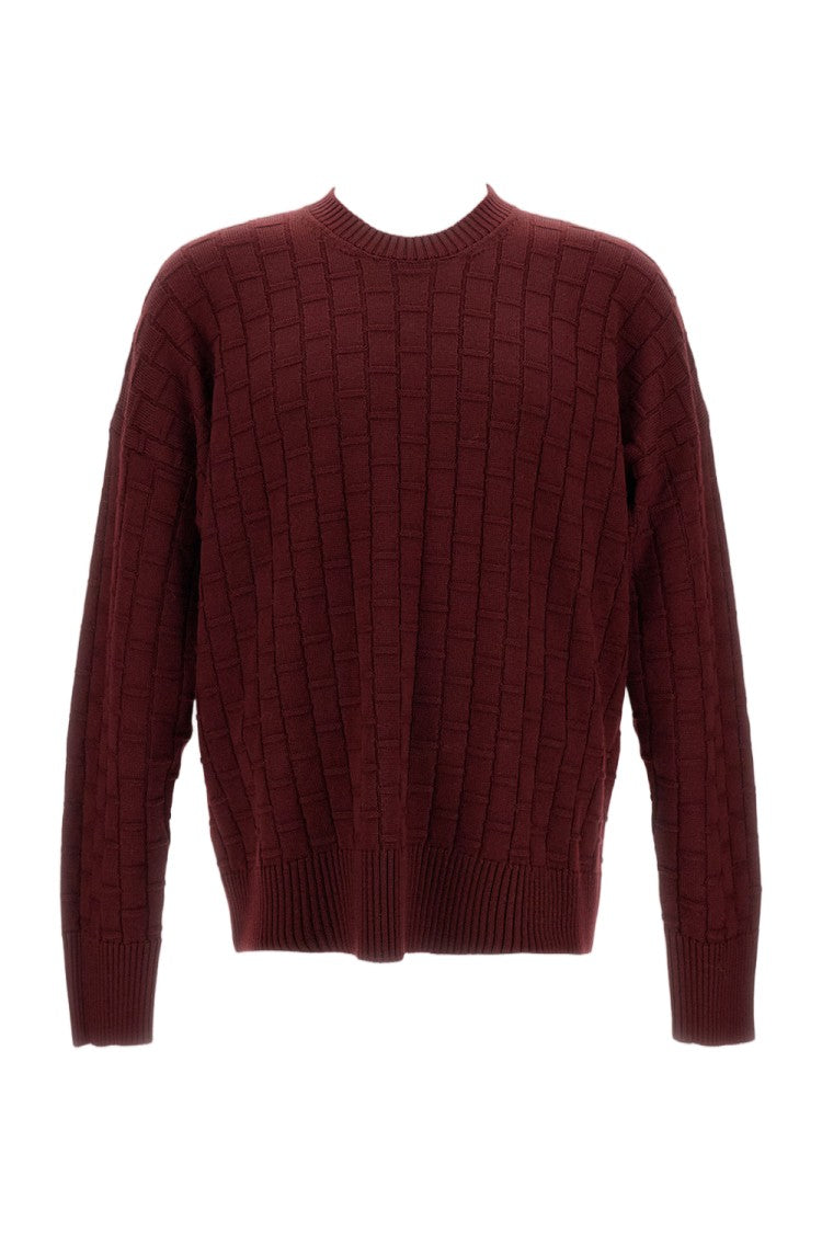 Plan C Checked Burgundy Wool Sweater With Ribbed Crew Neck