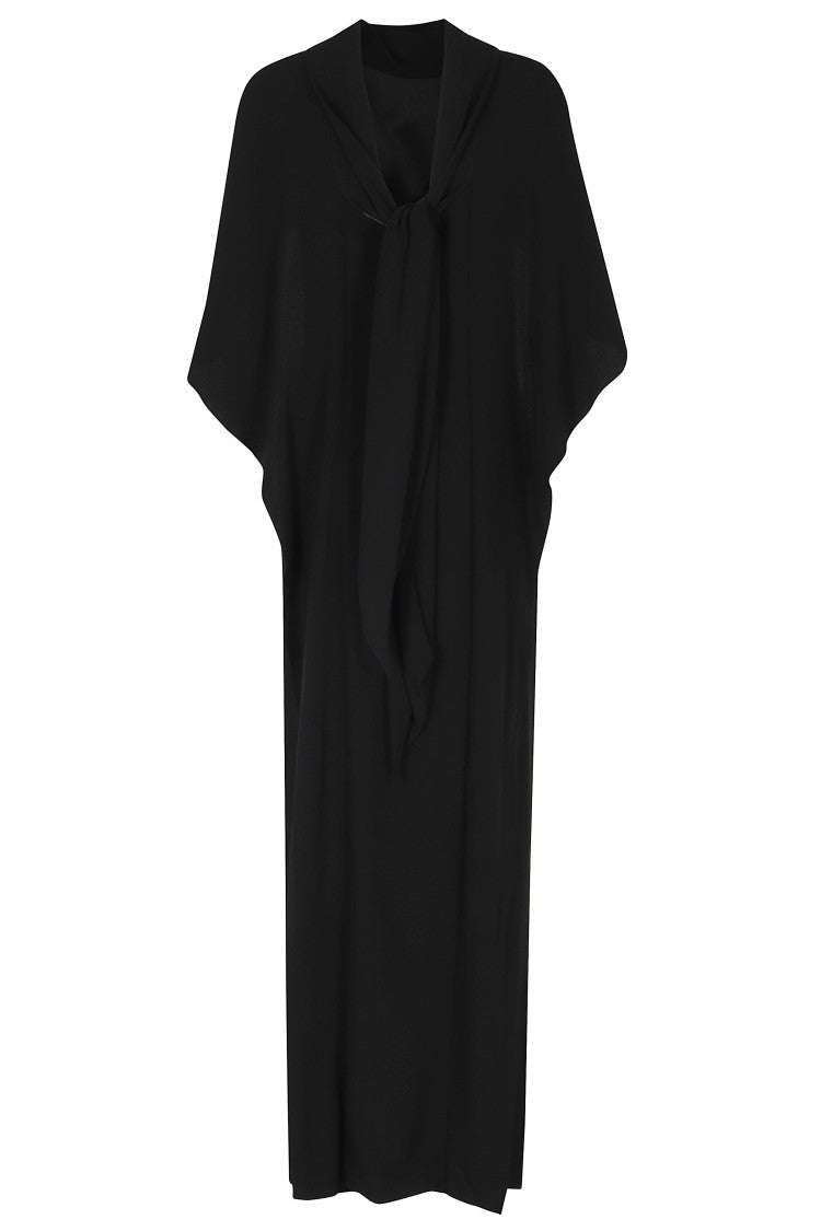 Alberta Ferretti Black Enver Satin Pleated Belted Viscose Dress