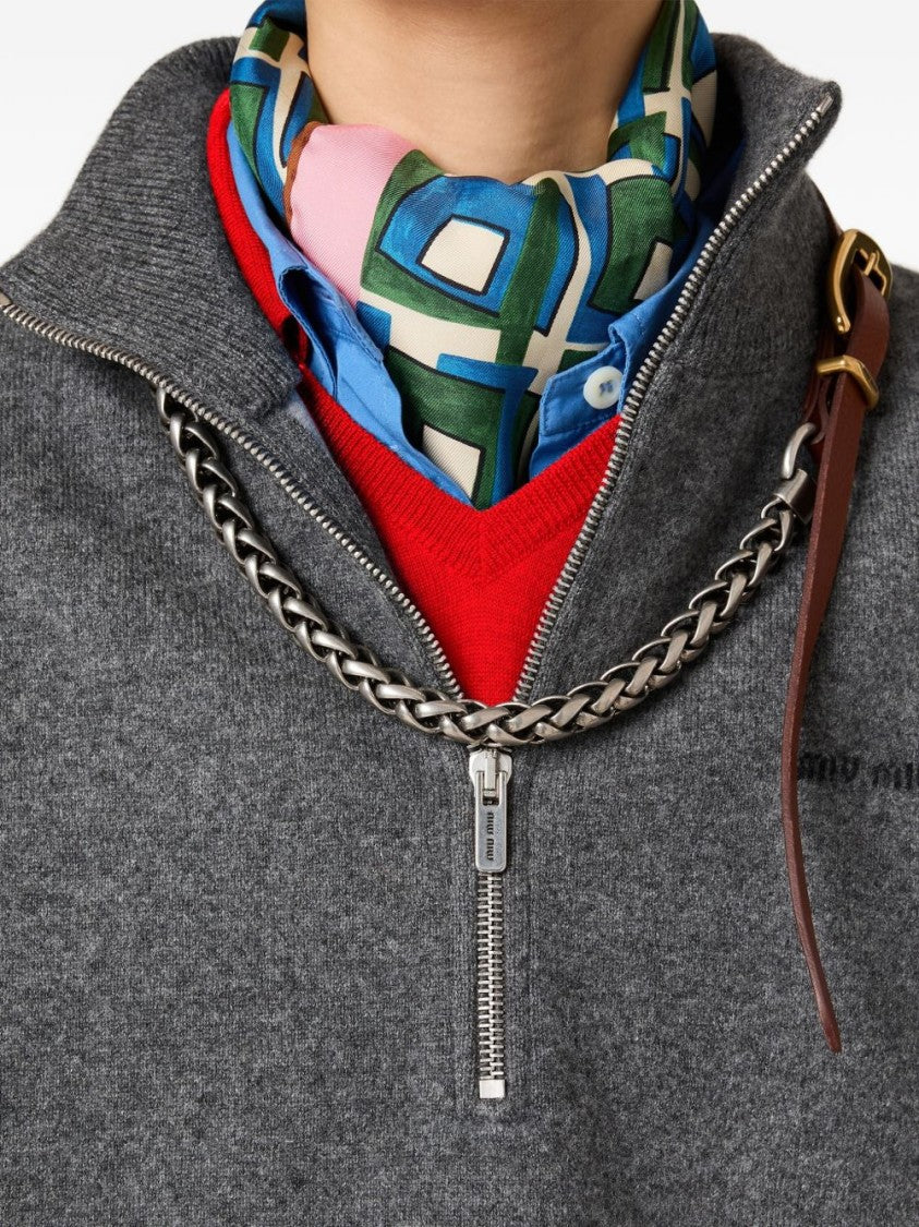 Miu Miu Cashmere-Jersey Intarsia Half-Zip Sweater