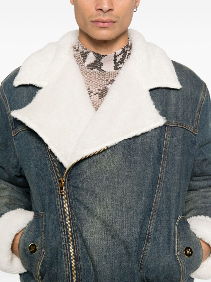 Balmain Blue Denim Shearling Collar Zip Jacket