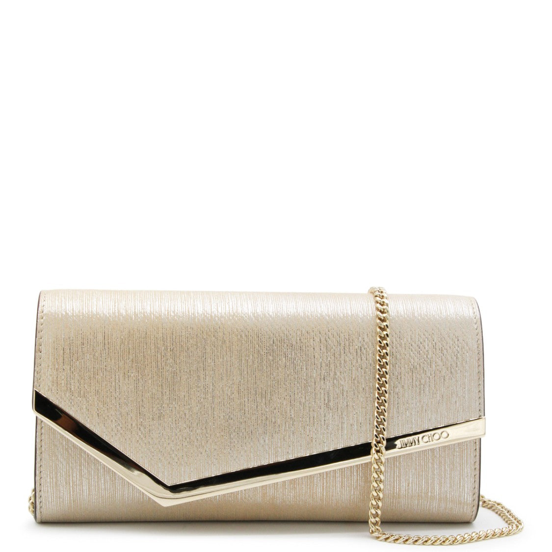 Jimmy Choo Rectangular Gold Clutch With Magnetic Closure And Chain Strap
