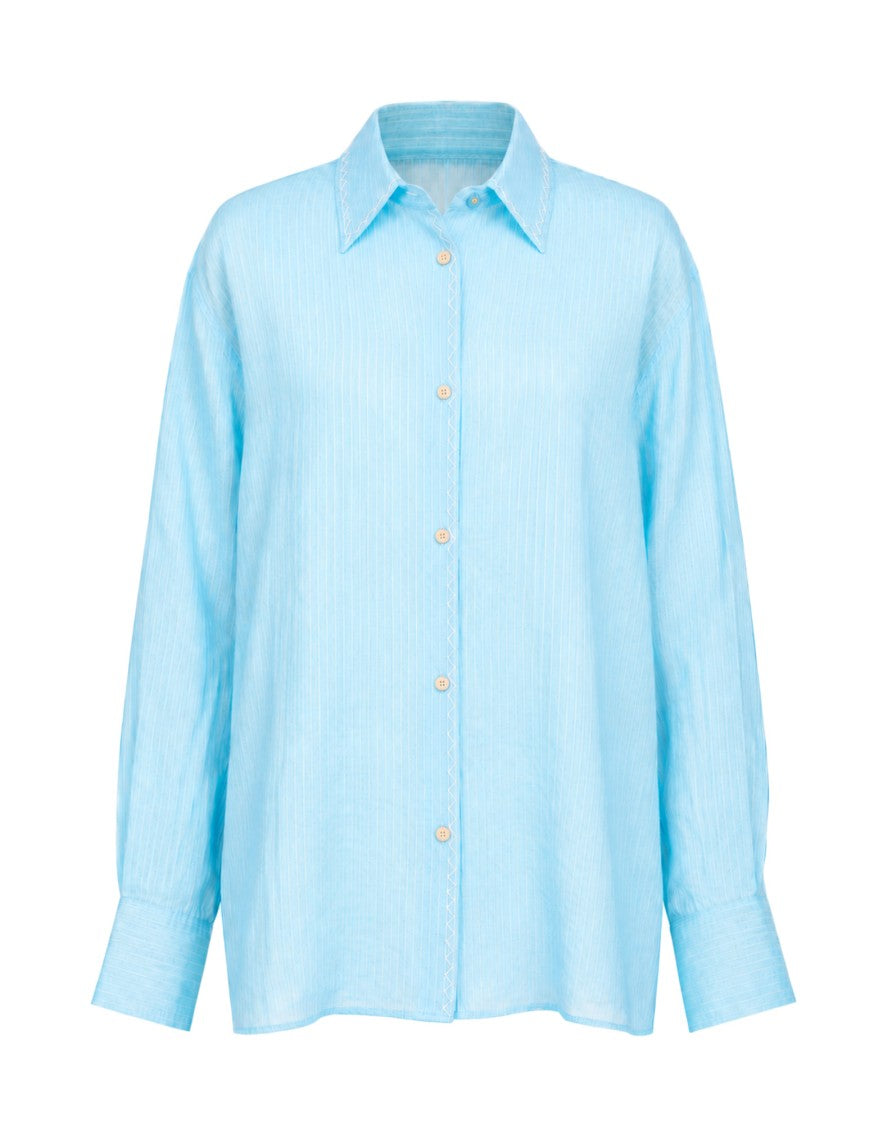 Forte Forte Turquoise Pinstripe Linen-Blend Embroidered Shirt