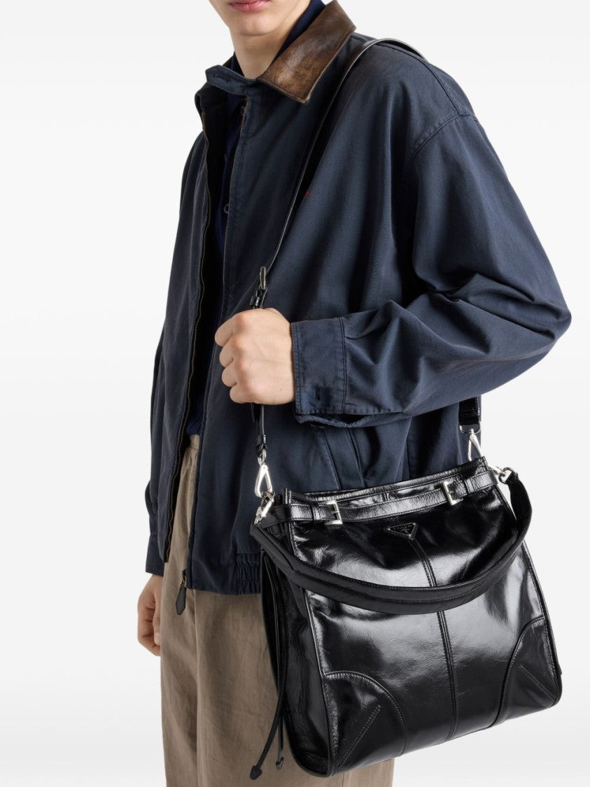 Prada Rectangular Glossy Leather Adjustable Strap Bag