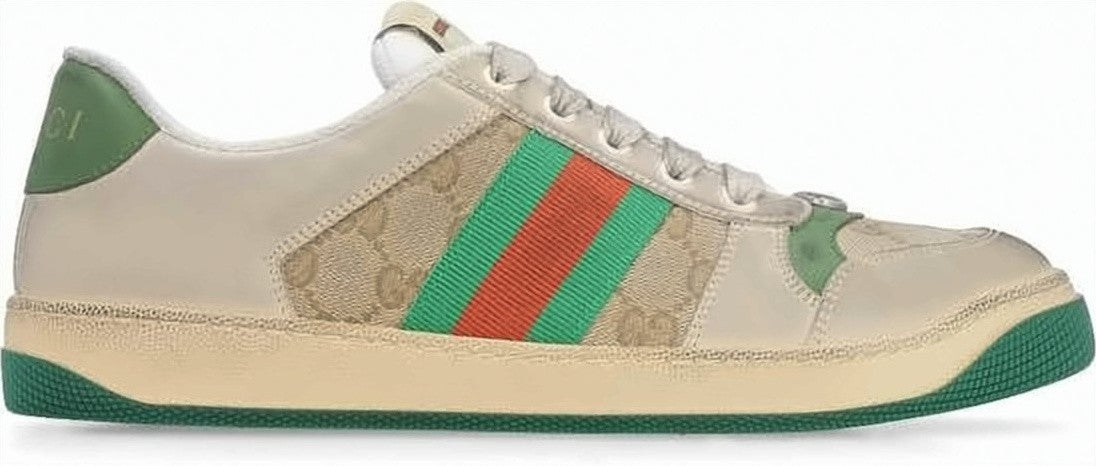 Gucci Low-Top Beige Leather Sneakers With Gg Monogram And Web Stripes