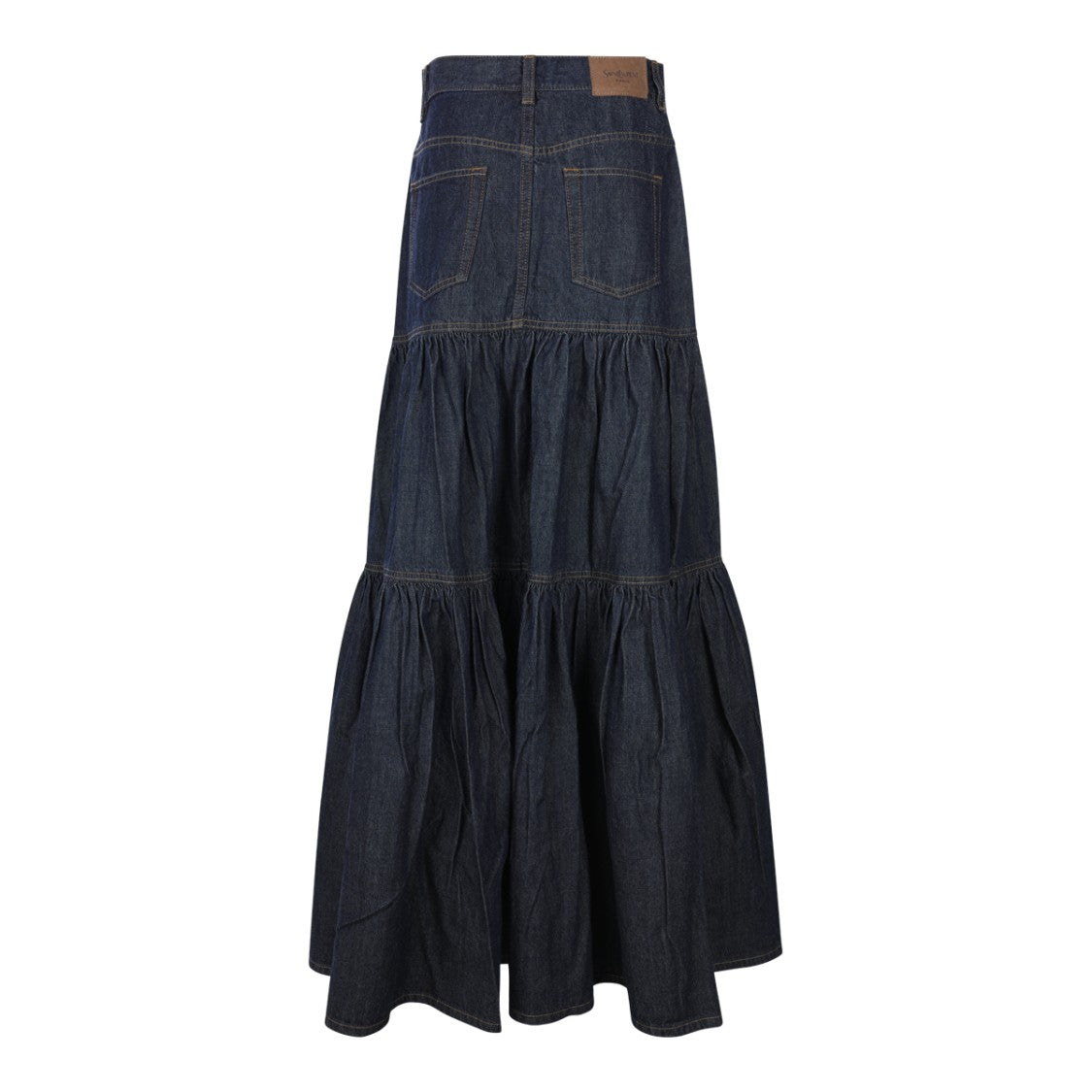Saint Laurent Indigo Cotton Maxi Skirt With Pleats And Belted Waist