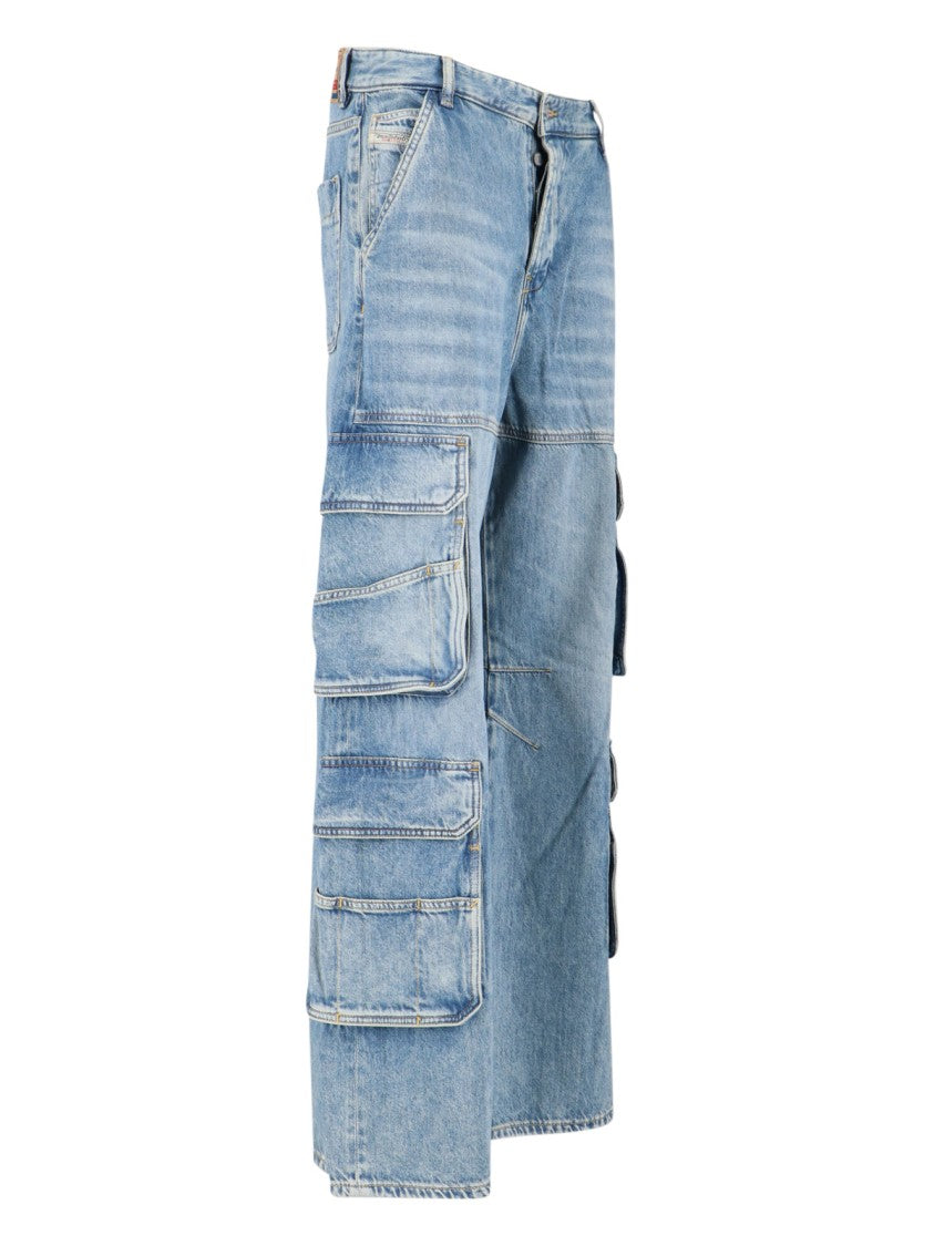 Diesel Light Blue Wide-Leg Cargo Jeans With Distressed Finish