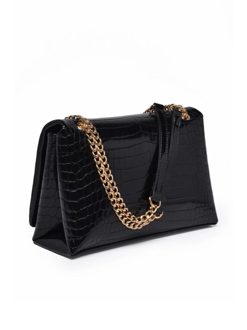 Love Moschino Crocodile-Embossed Black Crossbody Bag With Gold-Tone Accents