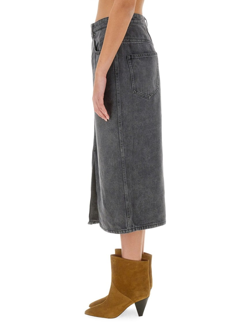 Isabel Marant A-Line Grey Midi Skirt With Faded Denim Look