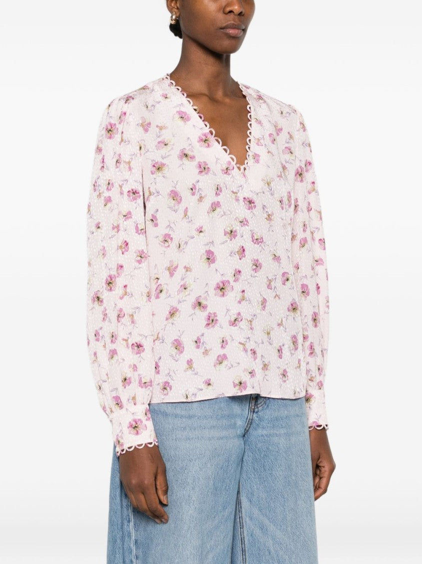 Twin-Set Scallop-Trimmed Pink Floral Blouse With Puffed Sleeves