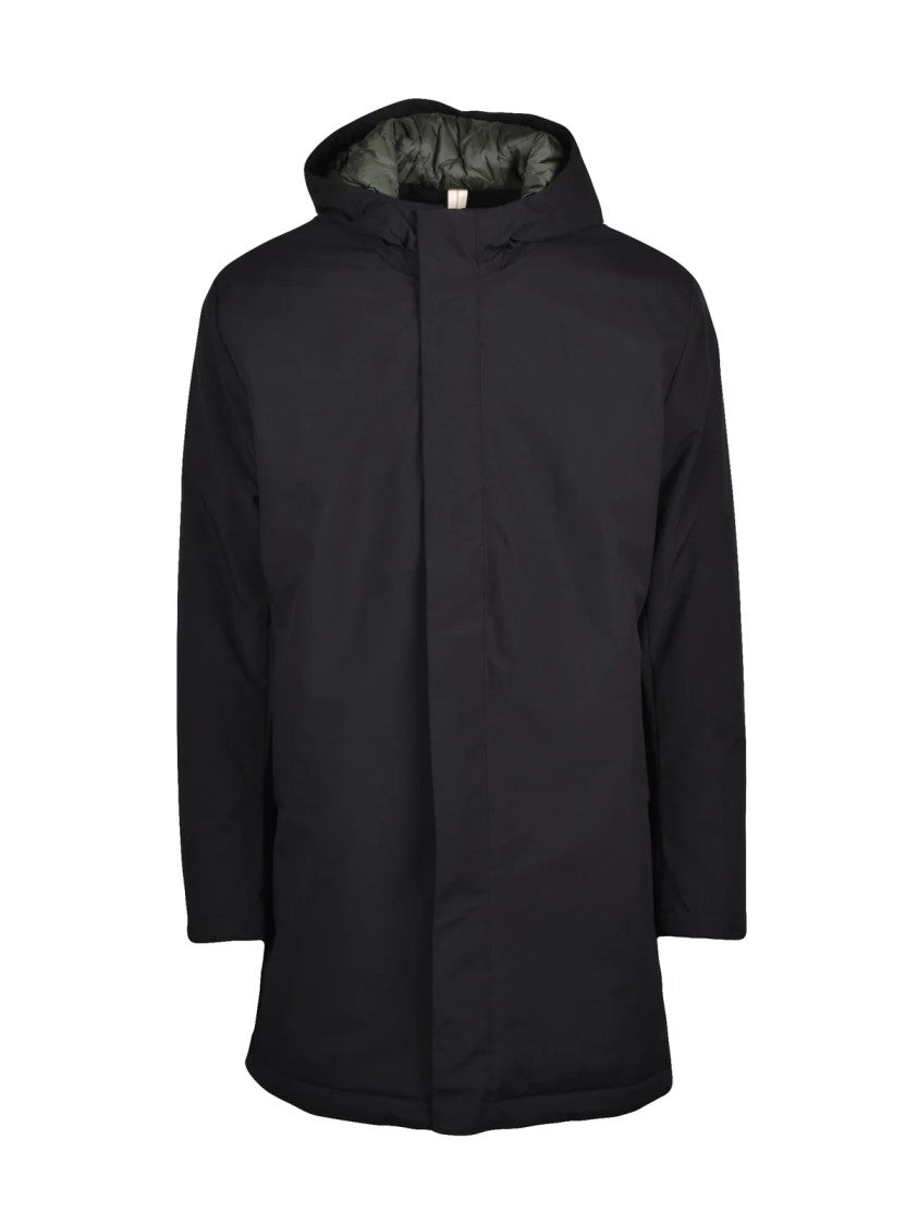 Squad2 Quilted Black Overcoat With Zip Closure And Hood