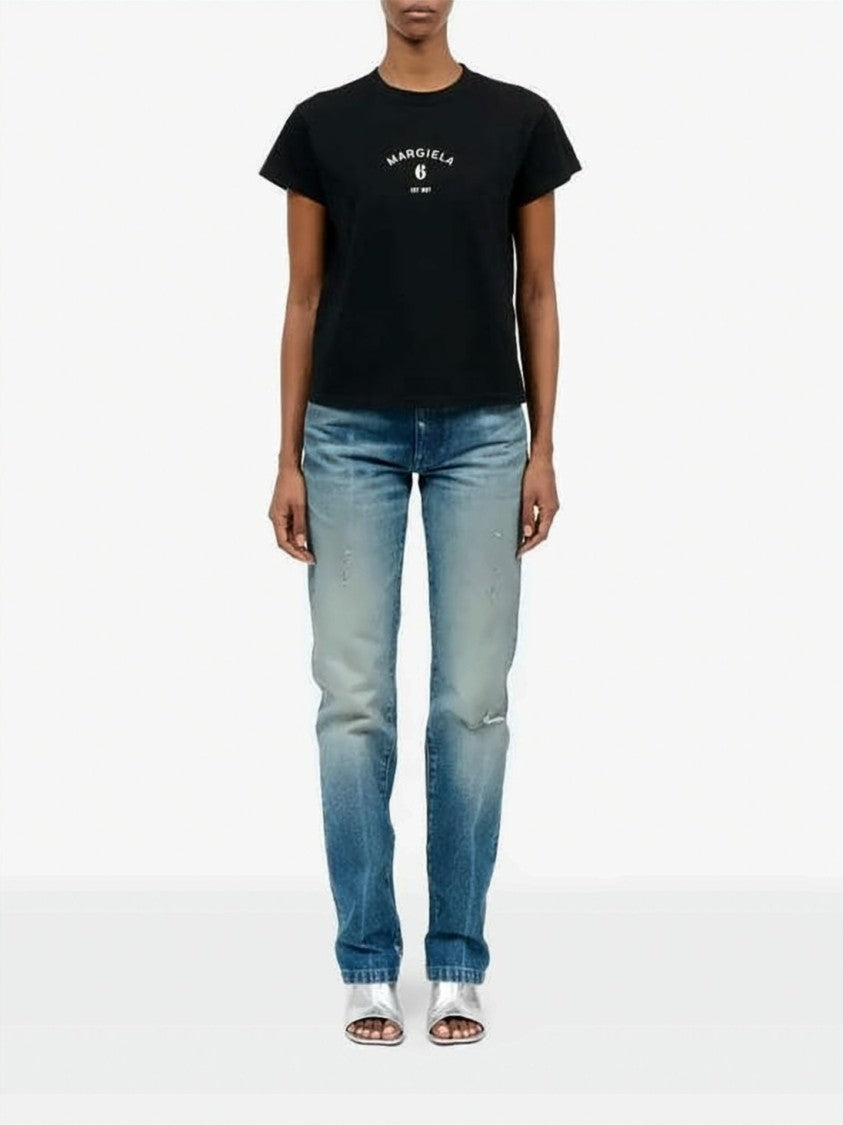Mm6 By Maison Margiela Cropped Black T-Shirt With Front Print