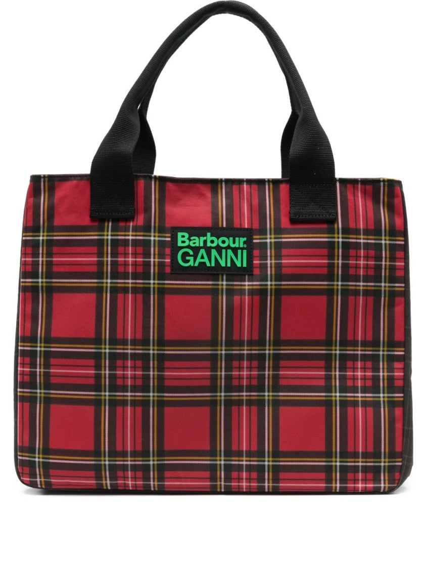 Ganni X Barbour Rectangular Tote Bag With Red Tartan Pattern And Logo Patch